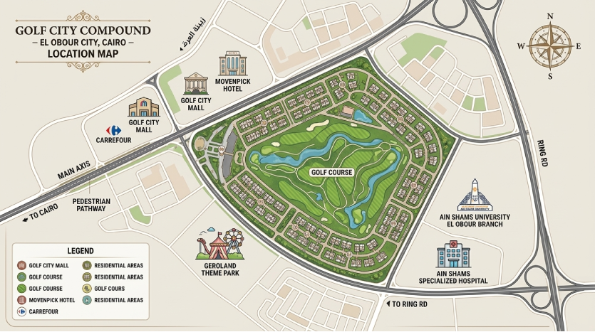 موقع مساحة وحدات كمبوند Golf City العبور